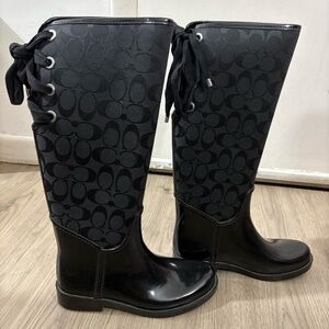COACH Tristee Rubber/Coated Canvas Rain Boots Lace Up Tie Back Black Sz 7B